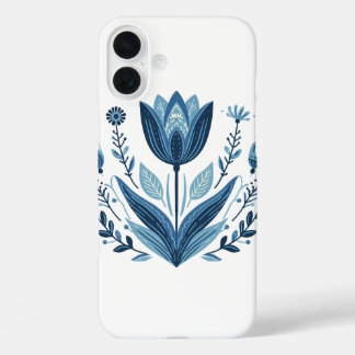 Blue Folk Floral Pattern iPhone 16 Plus Case