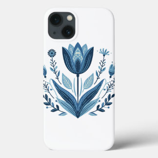 Blue Folk Floral Pattern iPhone 13 Case