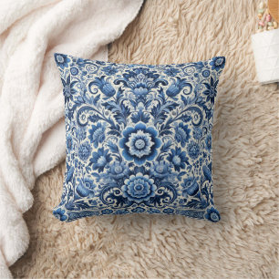 Blue Folk Floral Pattern Throw Pillow