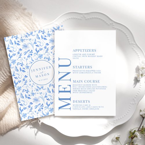 Blue folk floral porcelain wedding menu cards