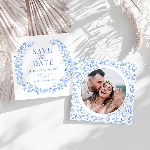 Blue folk floral Save the Date photo invitation