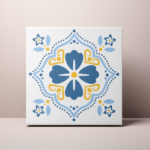 Blue Folk Flower Azulejo Ceramic Tile