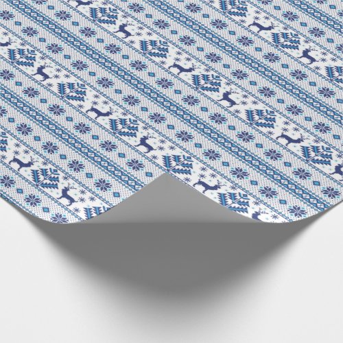 Blue folk motifs ethno ornaments deers Christmas Wrapping Paper