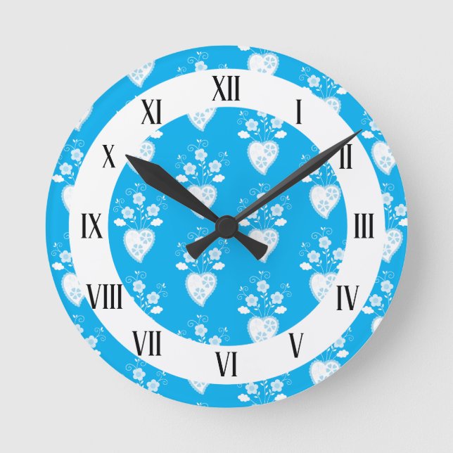 Blue folk Portuguese heart in blossom   Round Clock (Front)