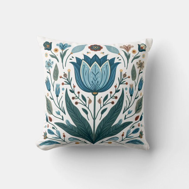 Blue Folk Tulip Throw Pillow (Front)