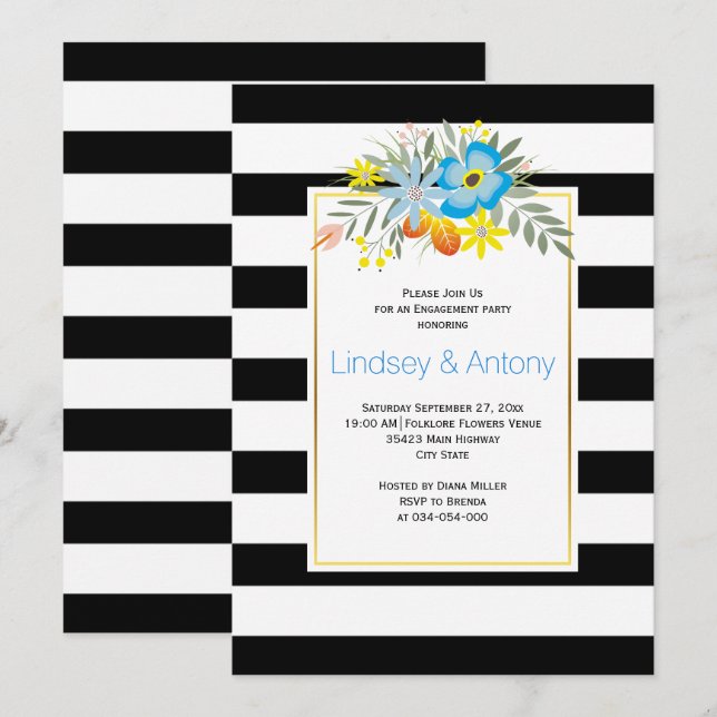 Blue folklore flowers and stripes engagement party invitation (Front/Back)
