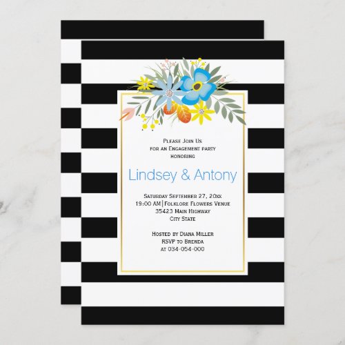 Blue folklore flowers and stripes engagement party invitation