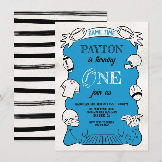 Blue Football 1st One Hand drawn Birthday Invitation (Front/Back)