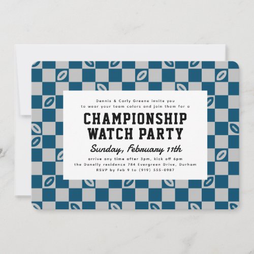 Blue Football Check Championship Game Watch Party Invitation