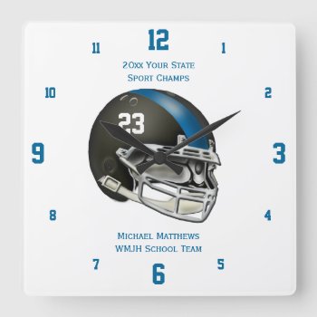 Blue Football Helmet Name And School Clock by tjssportsmania at Zazzle