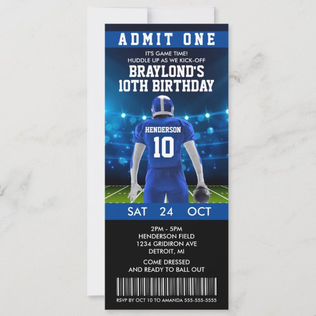 Blue Football Ticket Birthday Invitation (Front)