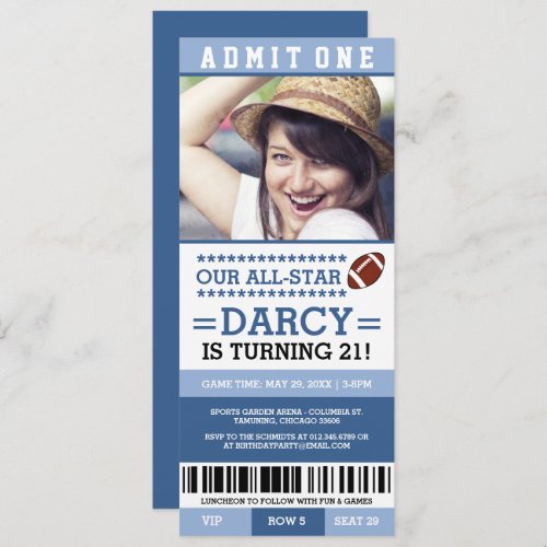 Blue Football Ticket Birthday Invites