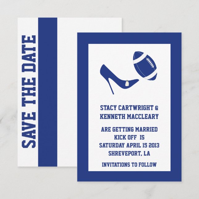 Blue Football Wedding Save The Date Announcement (Front/Back)