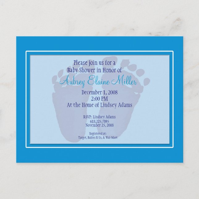Blue Footprint Baby Shower Invitation Postcard (Front)