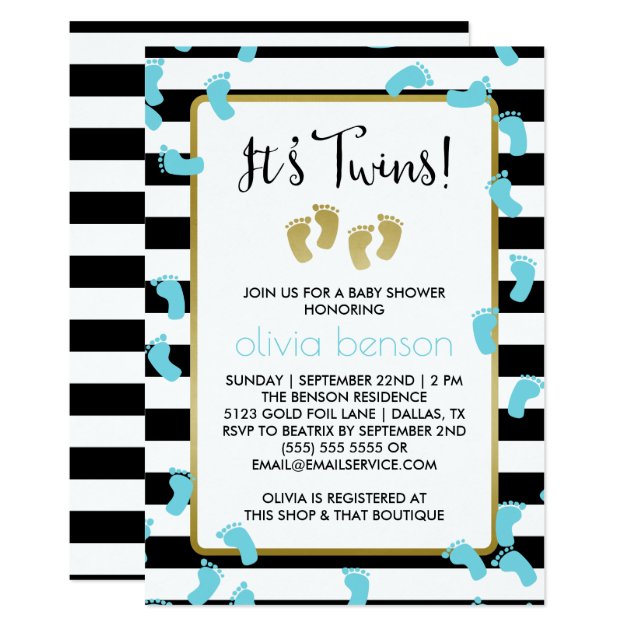 Blue Footprints Black & Gold Twins Baby Shower Invitation
