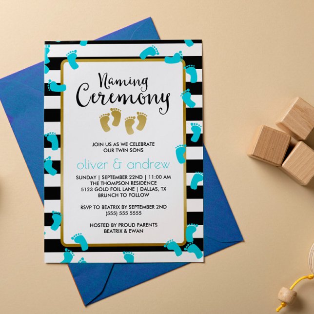 Blue Footprints Black & Gold Twins Naming Ceremony Invitation (Creator Uploaded)