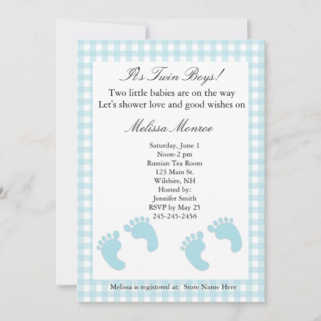Blue Footprints Twins Shower Invitation (Front)