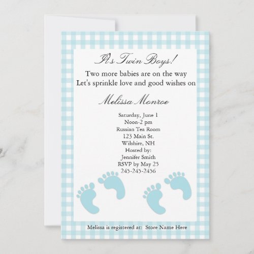 Blue Footprints Twins Sprinkle Shower Invitation
