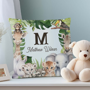 Blue Forest animals personalized baby boy name  Throw Pillow