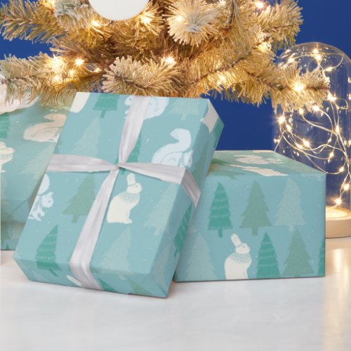 Blue Forest Frolic Pine Tree Squirrels and Bunnies Wrapping Paper
