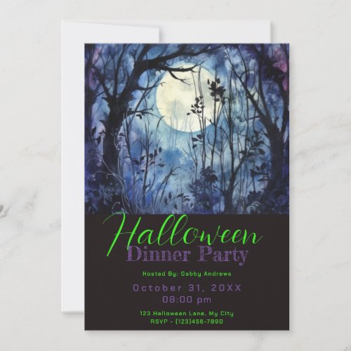 Blue Forest Full Moon Halloween Dinner Party Invitation