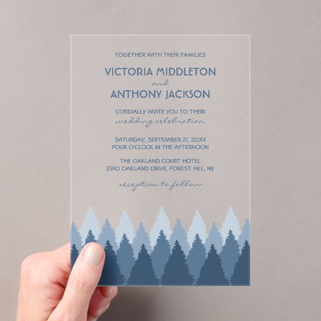 Blue Forest Range Woodland Wedding Acrylic Invitations (Insitu (Handheld))