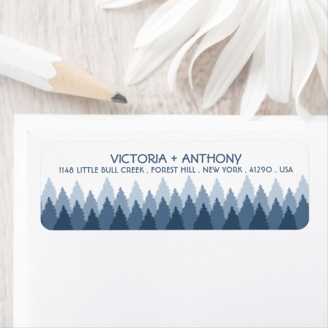 Blue Forest Range Woodland Wedding Label (Insitu)