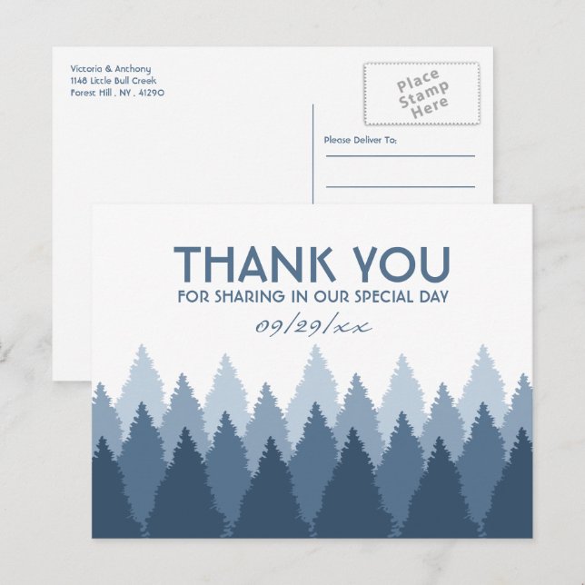Blue Forest Range Woodland Wedding Thank You Postcard (Front/Back)