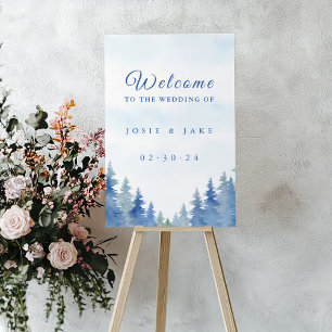 Blue Forest Watercolor Wedding Welcome Sign