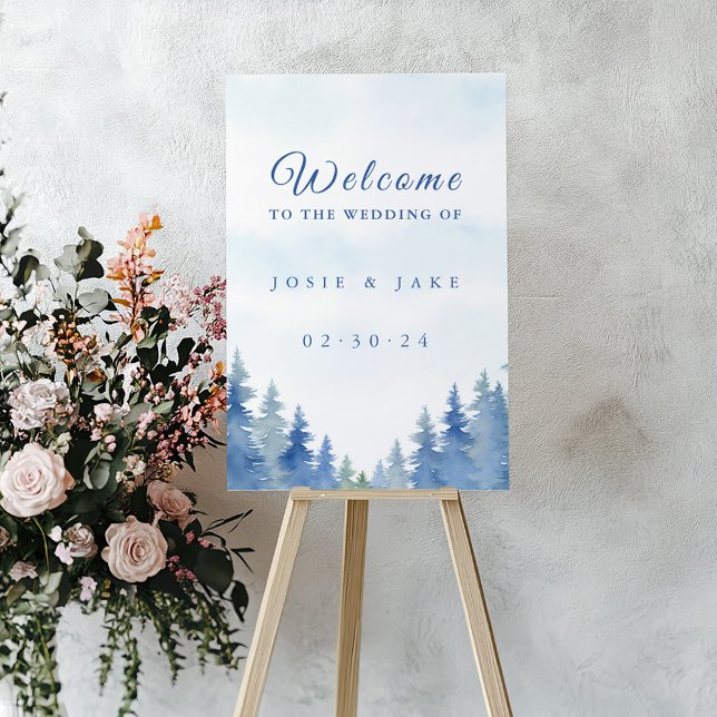 Blue Forest Watercolor Wedding Welcome Sign (Blue watercolor forest wedding welcome sign with elegant script, names and date.)