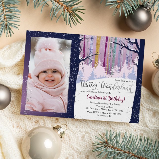 Blue Forest Winter Wonderland Girls Birthday Photo Invitation (Creator Uploaded)