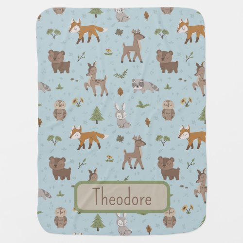 Blue Forest Woodland Critters Personalized Baby Blanket