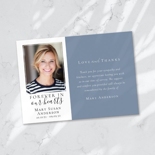 Blue Forever in Our Hearts Photo Funeral Thank You Card (Creator Uploaded)