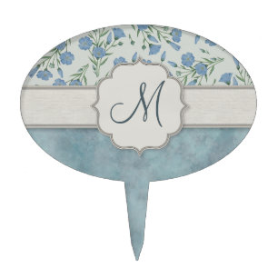 Blue Forget-Me-Not Floral and Marble with Monogram Cake Topper