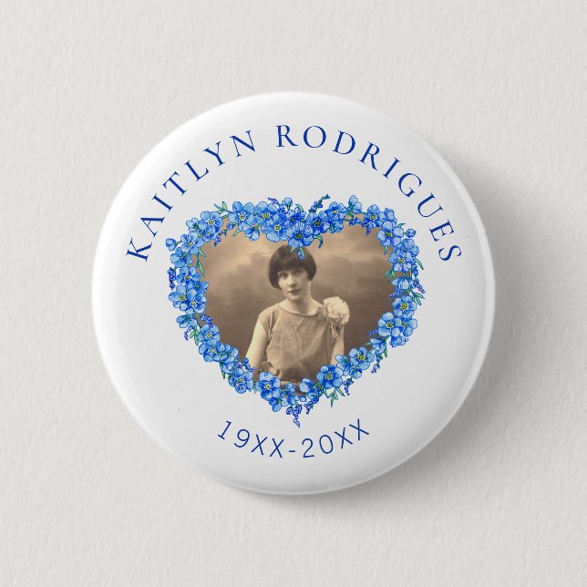 Blue forget-me-not flowers heart photo memorial button (Front)
