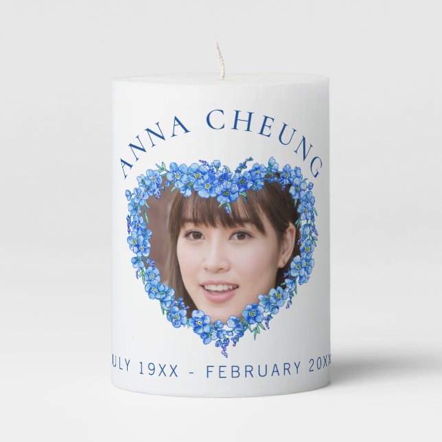 Blue forget-me-not flowers heart photo memorial pillar candle (Front)