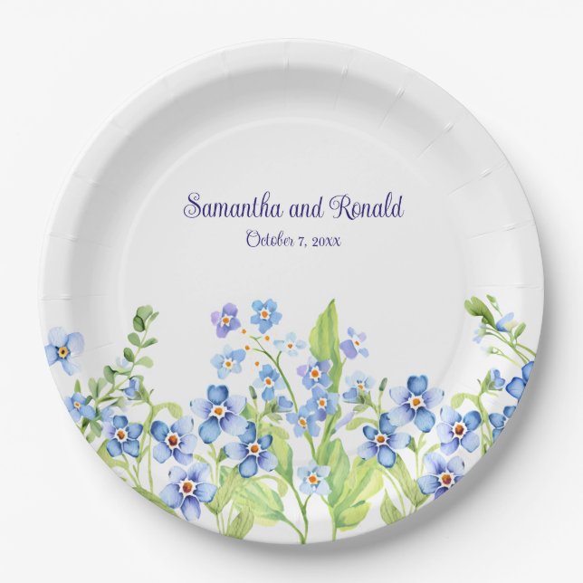 Blue Forget Me Not Watercolor Wedding  Paper Plates (Front)