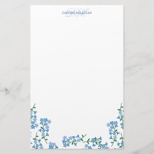 Blue Forget Me Nots _ Add Name Monogram Stationery