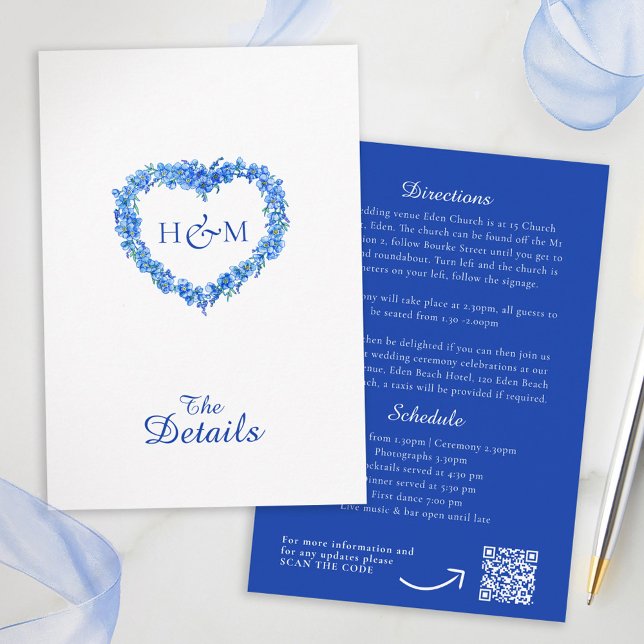 Blue forget me nots inked art wedding details QR Enclosure Card (Creator Uploaded)