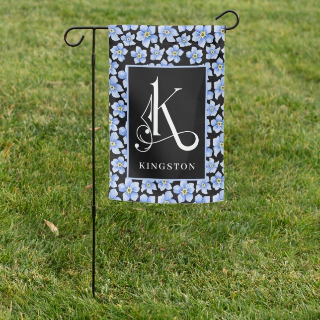 Blue Forget Me Nots, Scroll Monogram K Garden Flag (In SItu)