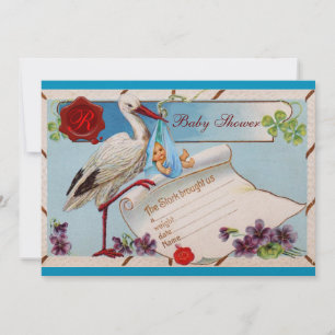 BLUE FORGET ME NOTS,STORK BABY SHOWER MONOGRAM INVITATION