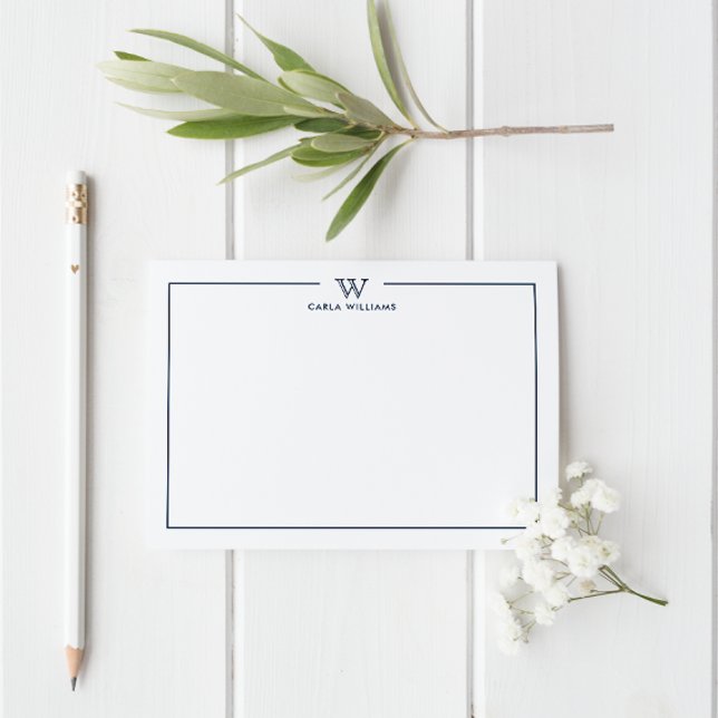 Blue Formal Classic Family Monogram Minimalist Note Card (Elegant and professional monogram business card with chic border frame and name.)