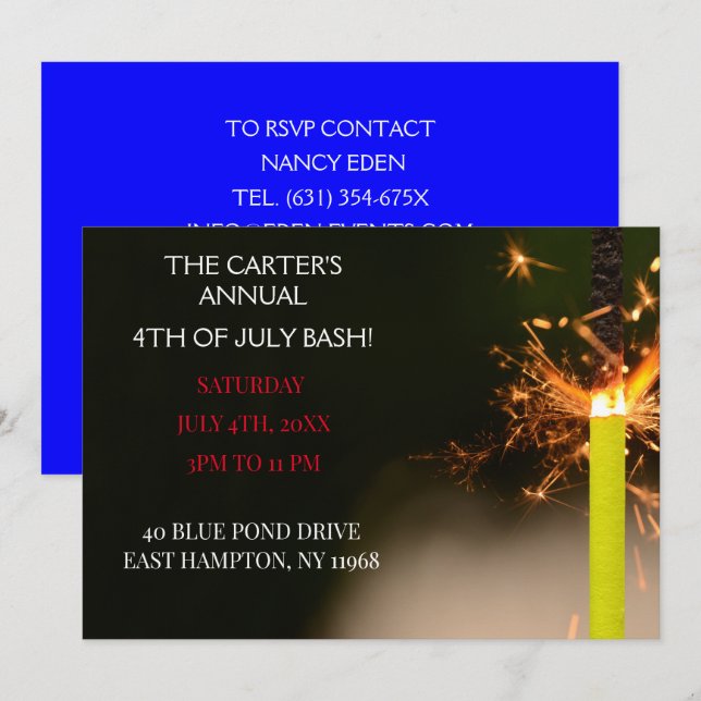Blue Fourth of July  Independence Day Sparkler Invitation (Front/Back)