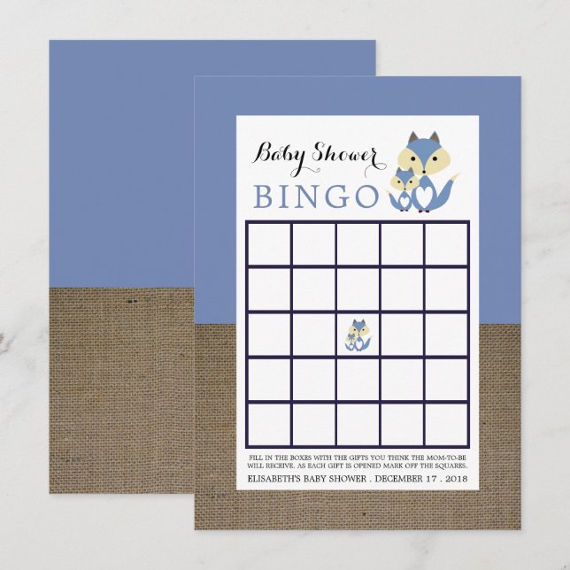 Blue Fox Burlap Baby Shower Bingo Invitation (Front/Back)