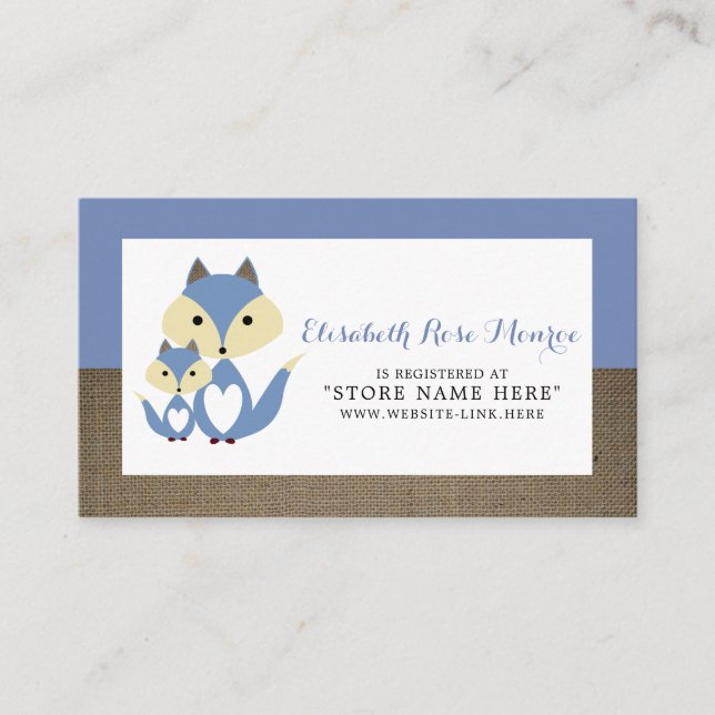 Blue Fox Burlap Baby Shower Gift Registry Enclosure Card (Front)