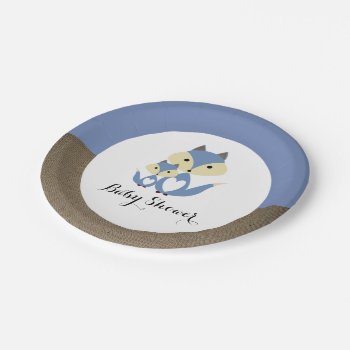 Blue Fox Burlap Baby Shower Paper Plates by StampedyStamp at Zazzle