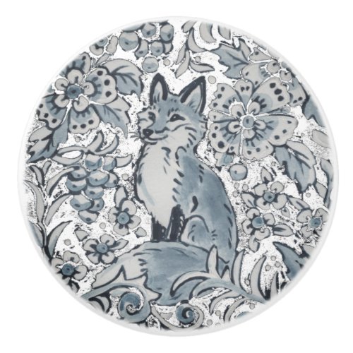 Blue Fox Floral Woodland Unique Art Delft Look Ceramic Knob