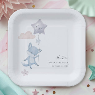 Blue Fox Flying Balloon First Birthday Party Paper Plates
