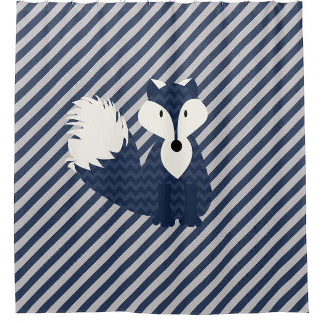 Blue Fox on Navy Blue and Gray Diagonal Stripes Shower Curtain (Front)