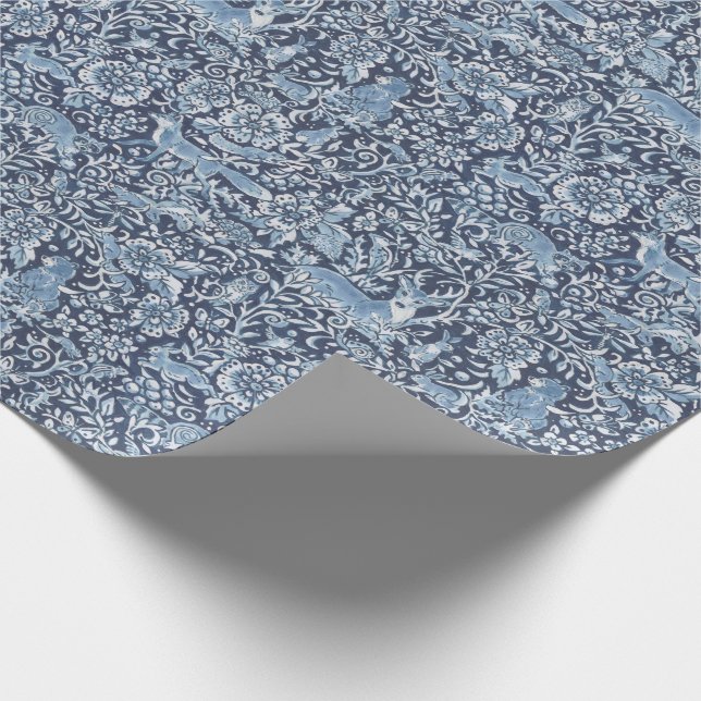 Blue Fox Rabbit Animal Forest Larger Woods Pattern Wrapping Paper (Corner)